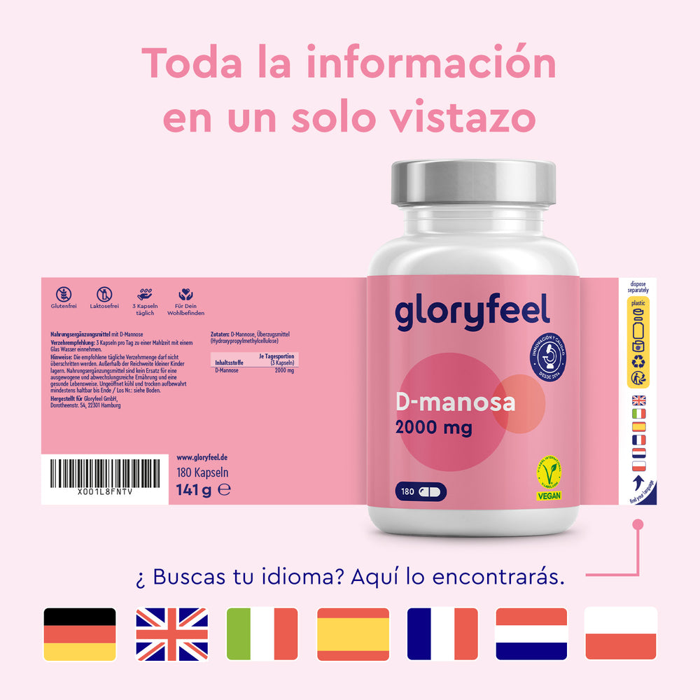 D-Manosa - 2000 mg al día&quot; de gloryfeel GmbH es un suplemento vegano con presentación multilingüe. A continuación se muestran las banderas de Alemania, Reino Unido, Francia, Italia, España y Polonia para destacar su alcance europeo. Diseñado para el apoyo del tracto urinario.