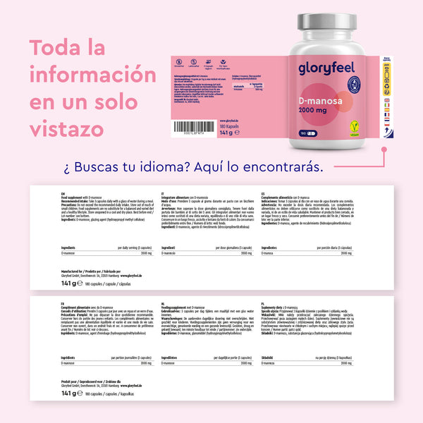 Imagen de un frasco de D-Manosa de 2000 mg al día de gloryfeel GmbH con instrucciones multilingües que destacan sus beneficios para las vías urinarias. El producto incluye D-Manosa en cápsulas veganas fáciles de tomar.