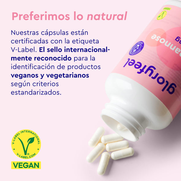Una botella de &quot;D-Manosa - 2.000 mg por día&quot; de Gloryfeel GmbH tiene cápsulas veganas derramadas cerca, con certificación V-Label para estándares veganos y vegetarianos, lo que garantiza un apoyo óptimo para la salud de las vías urinarias.