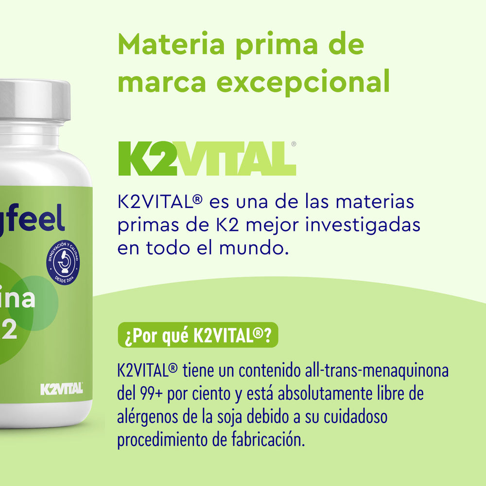 Una botella de Vitamina D3 y K2-2000 UI de Gloryfeel GmbH se encuentra junto a un texto que elogia su pureza y su cuidadosa producción, ofreciendo mayores beneficios para la salud a partir de la vitamina D3.
