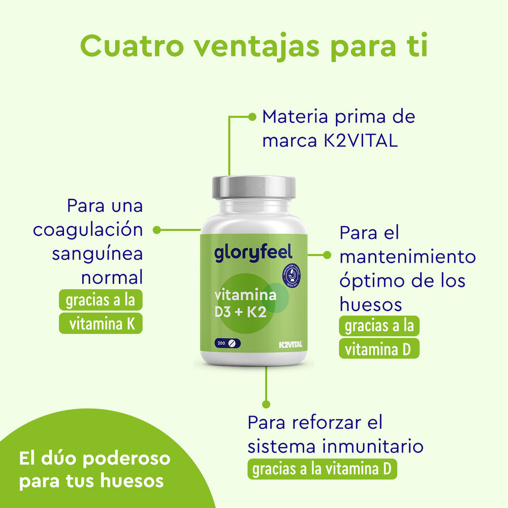 Descubra los beneficios de la Vitamina D3 y K2-2000 UI de Gloryfeel GmbH. Este potente suplemento, con colecalciferol y vitamina K2, favorece la coagulación sanguínea, la salud ósea y el fortalecimiento inmunitario en un formato premium de K2VITAL.