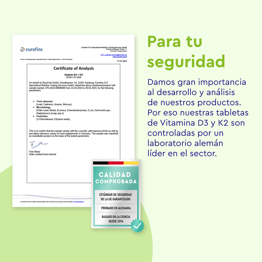 El certificado de análisis de Vitamina D3 y K2-2000 UI de Gloryfeel GmbH resalta su importancia en el desarrollo y análisis, reflejando los estándares de control de calidad de laboratorio alemán mantenidos meticulosamente en los estudios de Vitamina D3.