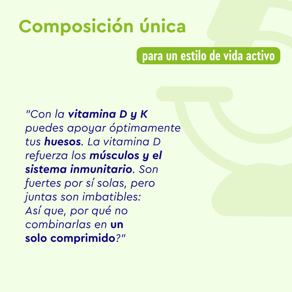 El texto en español resalta el suplemento Vitamina D3 y K2-2000 UI de Gloryfeel GmbH, que combina la vitamina D3 (Colecalciferol) y la vitamina K2 para fortalecer huesos, músculos y el sistema inmunológico.