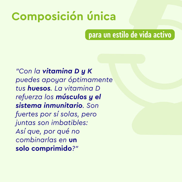 El texto en español resalta el suplemento Vitamina D3 y K2-2000 UI de Gloryfeel GmbH, que combina la vitamina D3 (Colecalciferol) y la vitamina K2 para fortalecer huesos, músculos y el sistema inmunológico.