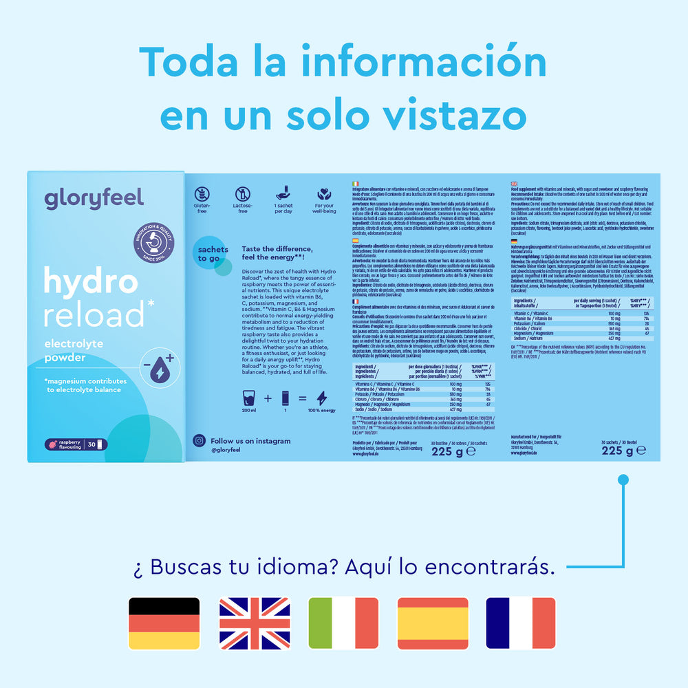 Embalaje azul de &quot;Electrolitos Hidratación FRAMBUESA&quot; de gloryfeel GmbH España, con banderas multilingües para opciones de idioma.