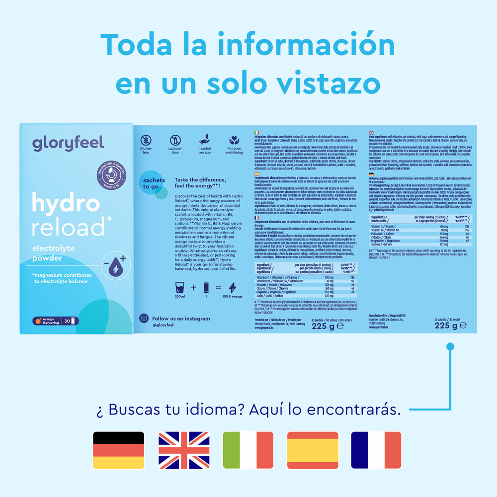 Electrolitos Hidratación NARANJA de Gloryfeel GmbH España cuenta con un embalaje con información multilingüe y banderas para los idiomas alemán, inglés, francés, portugués, español e italiano.