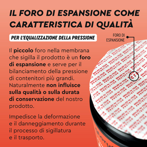 El orificio de expansión en la tapa de Beta Alanina en polvo de gloryfeel GmbH España iguala la presión, evitando deformaciones o daños sin afectar la calidad del producto ni su vida útil.