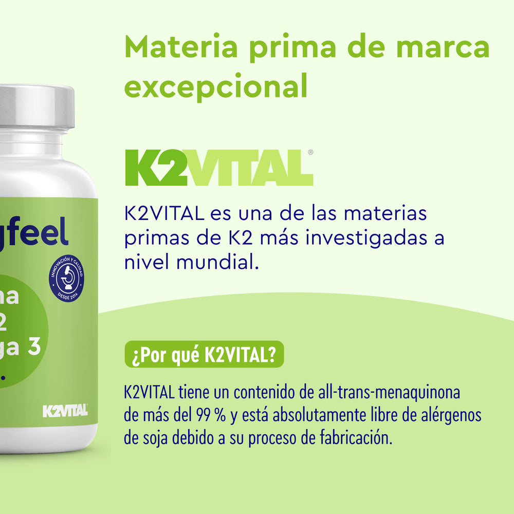 Un frasco de Vitamina D3/K2 y Omega 3 2000 UI de GloryFeel GmbH destaca un contenido de K2 de alta calidad, libre de alérgenos de soja y un meticuloso proceso de fabricación, subrayándolo como una materia prima bien investigada.