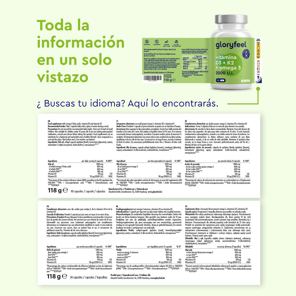 El frasco de vitaminas, etiquetado en verde y blanco, presenta el texto &quot;Toda la información en un solo vistazo&quot; arriba y debajo información dietética multilingüe detallada y los beneficios de la vitamina D3/K2 y Omega 3 2000 UI de GloryFeel GmbH.