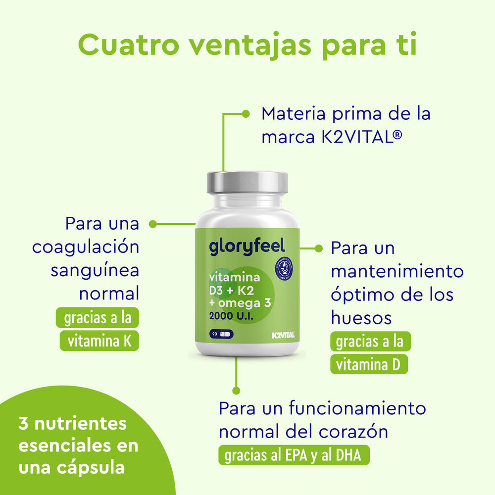 El producto de GloryFeel GmbH, Vitamina D3/K2 &amp; Omega 3 2000 UI, proporciona beneficios en español para la coagulación sanguínea, la salud ósea y la función cardíaca, enriquecido con vitamina D3 para un bienestar óptimo.