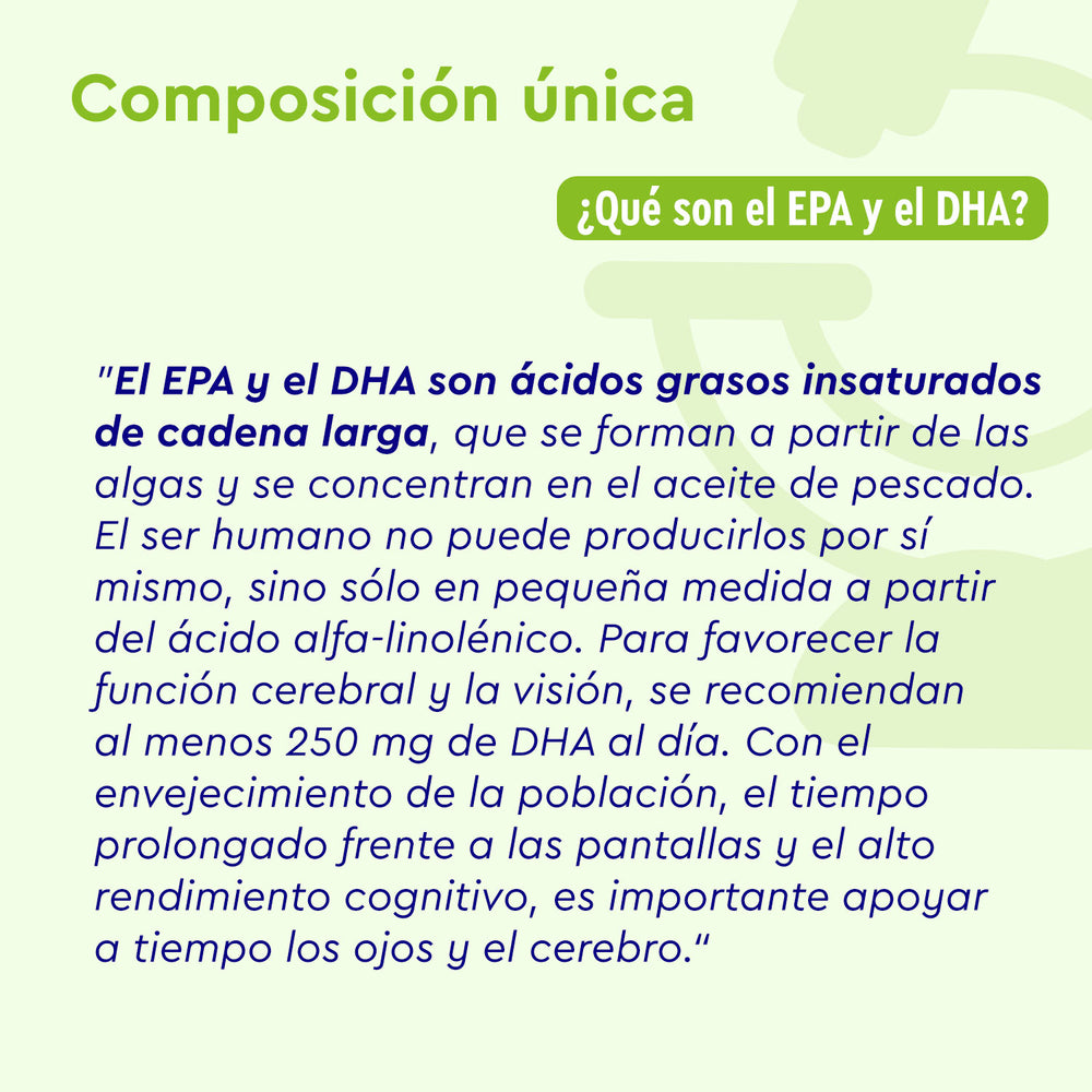 El producto Vitamina D3/K2 &amp; Omega 3 2000 UI de GloryFeel GmbH es esencial para la salud cerebral y visual debido a sus ácidos grasos insaturados de cadena larga, como el EPA y DHA, potenciando su efecto beneficioso cuando se combina con omega 3.