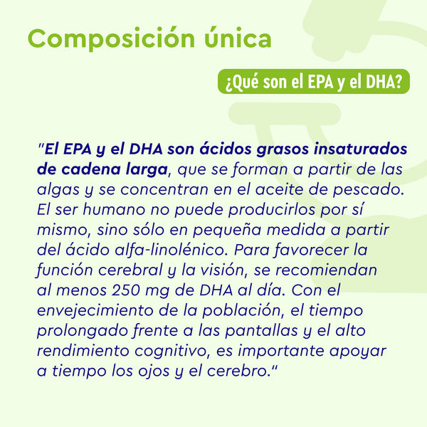 El producto Vitamina D3/K2 &amp; Omega 3 2000 UI de GloryFeel GmbH es esencial para la salud cerebral y visual debido a sus ácidos grasos insaturados de cadena larga, como el EPA y DHA, potenciando su efecto beneficioso cuando se combina con omega 3.