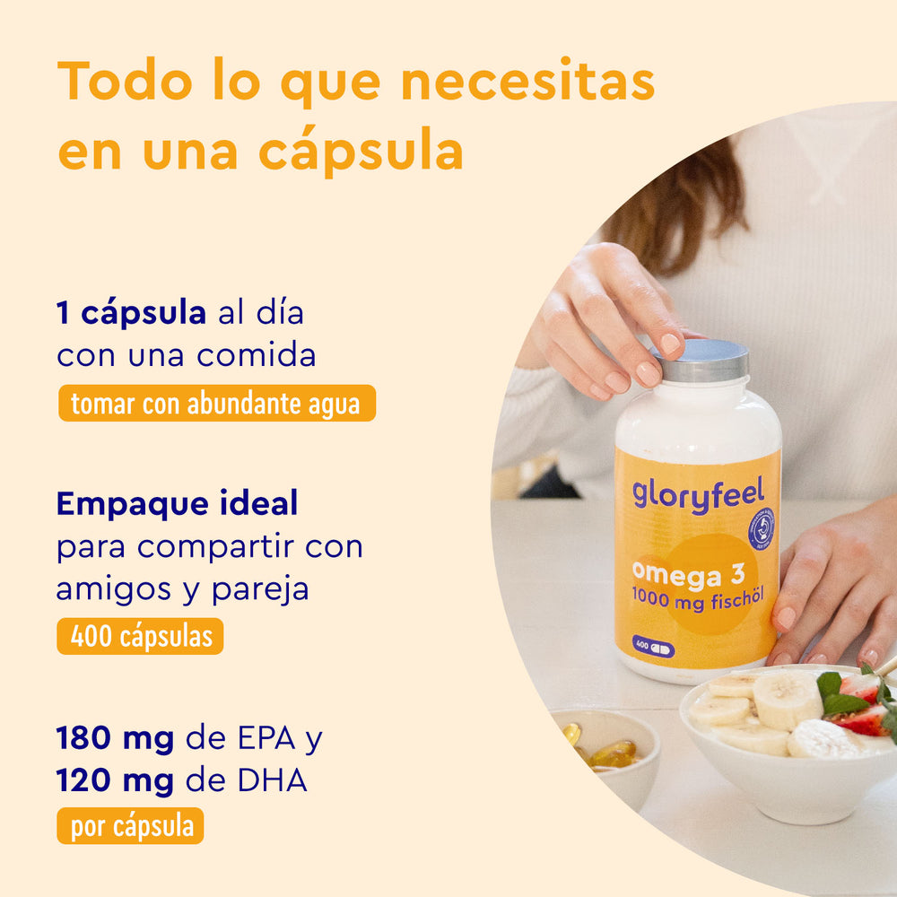 Una persona sostiene un frasco de Omega 3 en cápsulas de GloryFeel GmbH España junto a un bol de fruta; los beneficios del producto y las instrucciones de dosificación aparecen a la izquierda de la imagen.