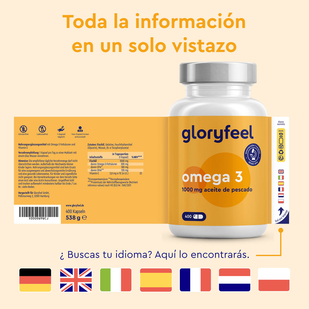 Un frasco de Omega 3 en cápsulas de GloryFeel GmbH España, rico en EPA y DHA, aparece rodeado de banderas internacionales y varias opciones de idiomas.