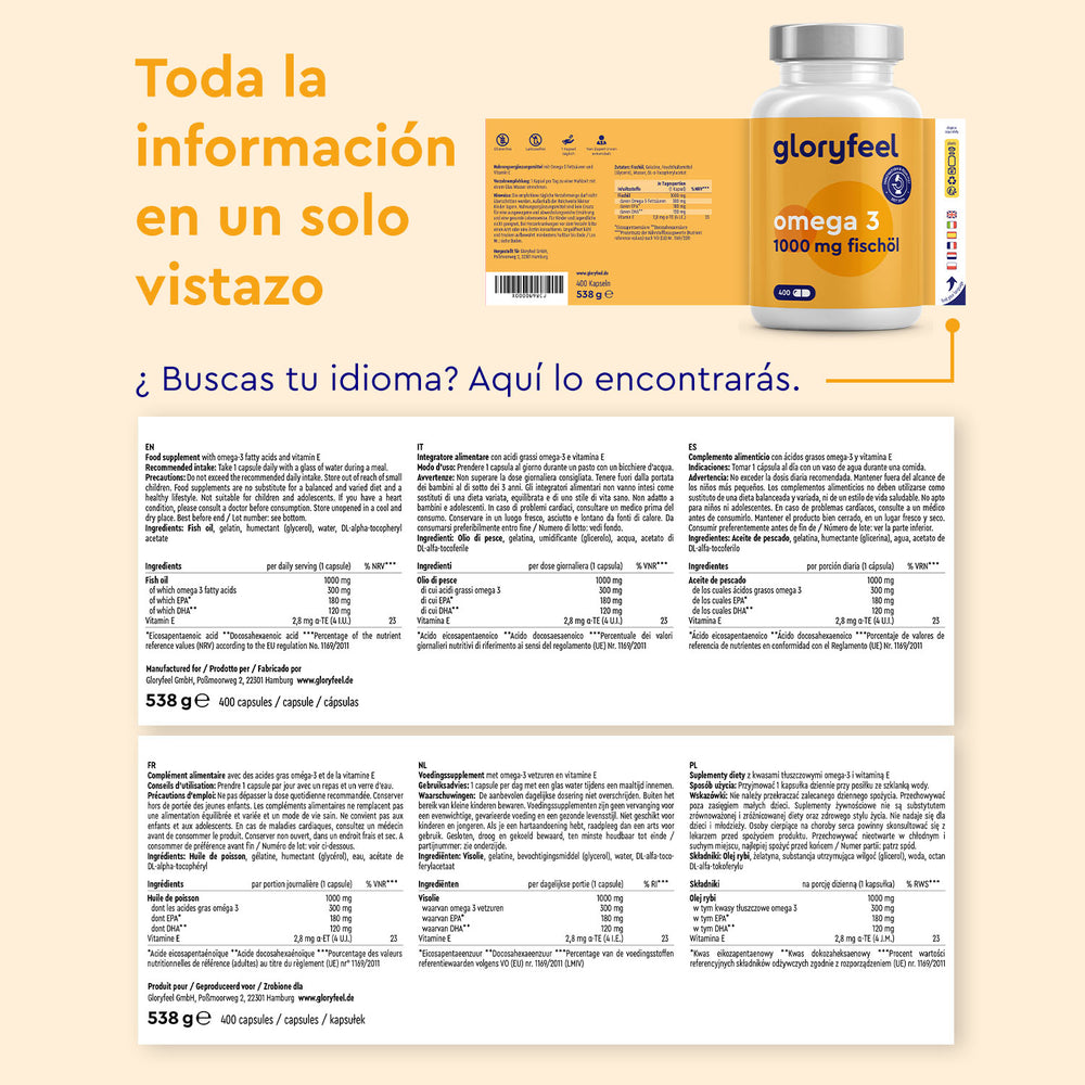 La información del producto Omega 3 en cápsulas de GloryFeel GmbH España se muestra en varios idiomas, con el envase y la información sobre el suplemento visibles para estos suplementos alimenticios.
