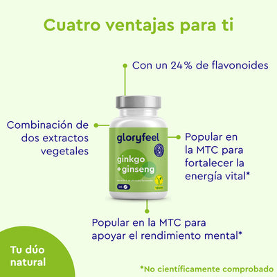 Se muestra el frasco del suplemento Tabletas de Ginkgo Ginseng de gloryfeel GmbH España, con un 24 % de flavonoides y extractos de dos plantas. Basado en la medicina tradicional china, aumenta la energía y el rendimiento mental con el poder del Ginkgo Biloba.