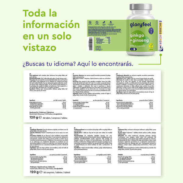 El empaque y la hoja de información de las Tabletas de Ginkgo Ginseng de Gloryfeel GmbH de España resaltan sus orígenes en la medicina tradicional china, con múltiples idiomas y detalles nutricionales completos.