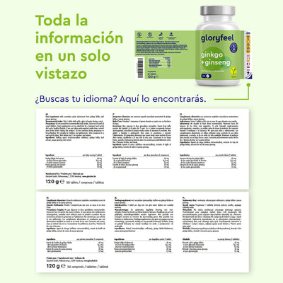 El empaque y la hoja de información de las Tabletas de Ginkgo Ginseng de Gloryfeel GmbH de España resaltan sus orígenes en la medicina tradicional china, con múltiples idiomas y detalles nutricionales completos.