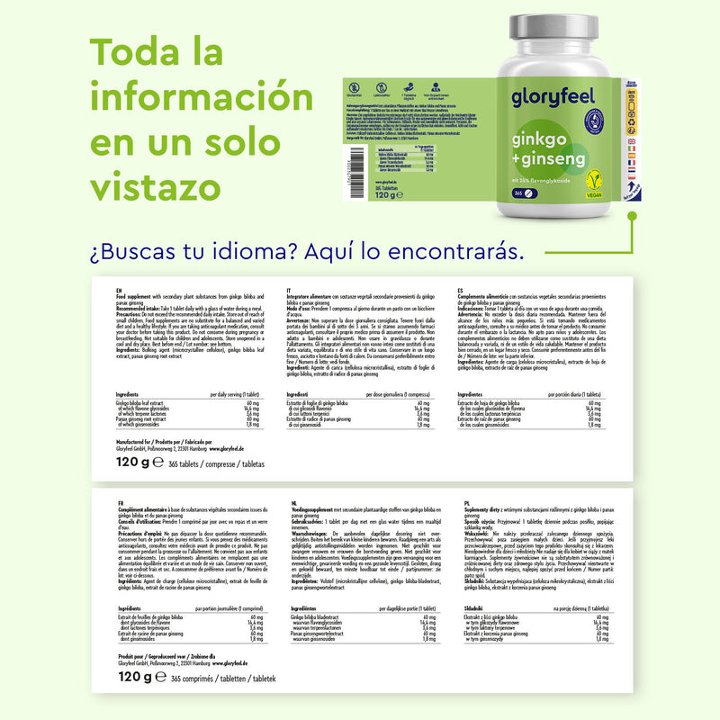 El empaque y la hoja de información de las Tabletas de Ginkgo Ginseng de Gloryfeel GmbH de España resaltan sus orígenes en la medicina tradicional china, con múltiples idiomas y detalles nutricionales completos.