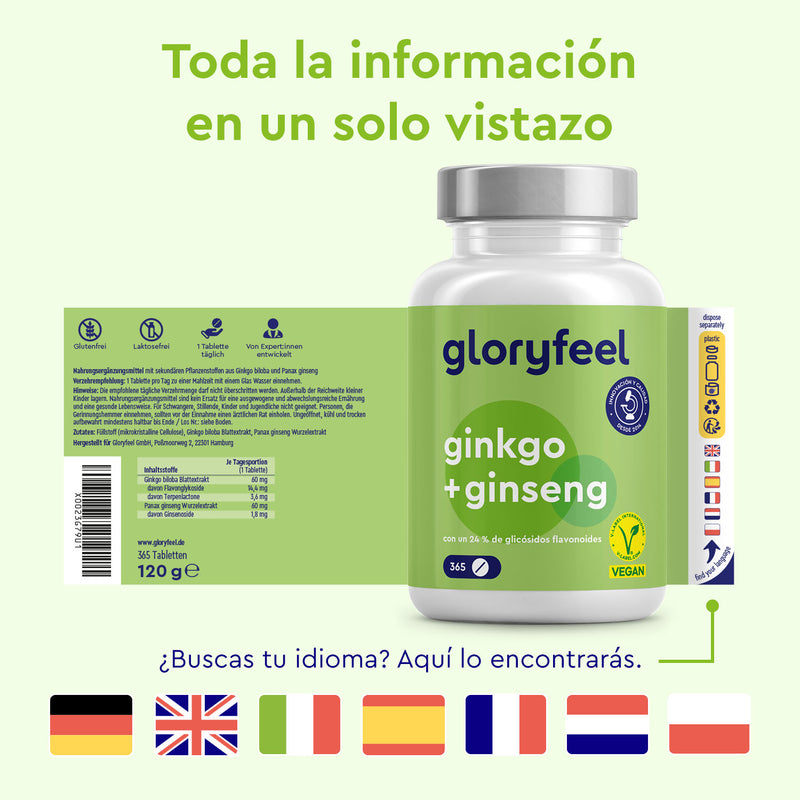 Una botella de Tabletas de Ginkgo Ginseng de Gloryfeel GmbH de España presenta detalles de la medicina tradicional china e incluye banderas de selección de idioma.