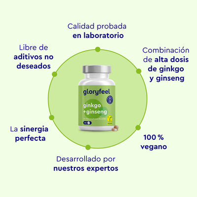Frasco de cápsulas "Tabletas de Ginkgo Ginseng" de gloryfeel GmbH España: calidad comprobada, sin aditivos, elaboradas por expertos. Su fórmula vegana de alta dosis combina a la perfección la sabiduría de la medicina tradicional china.