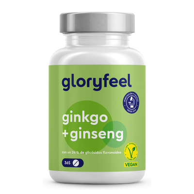 Las "Tabletas de Ginkgo Ginseng" de gloryfeel GmbH España se presentan en una botella blanca con una etiqueta verde. Este suplemento vegano, basado en la medicina tradicional china, incluye 365 pastillas con un 24 % de glicósidos flavonoides que aportan los beneficios del Ginkgo Biloba y el ginseng.