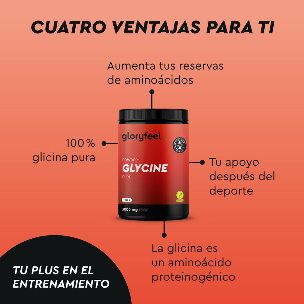 El frasco rojo de L-Glicina en Polvo de gloryfeel GmbH España destaca sus beneficios: glicina pura, potencia los aminoácidos, favorece la recuperación postdeportiva y es proteinogénico. La etiqueta circular negra indica &quot;entrenamiento plus&quot;.