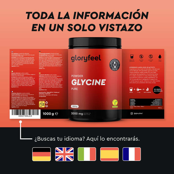 El envase de Gloryfeel L-Glicina en Polvo de gloryfeel GmbH España tiene detalles del producto en español, con opciones de idiomas disponibles en alemán, inglés, francés e italiano.