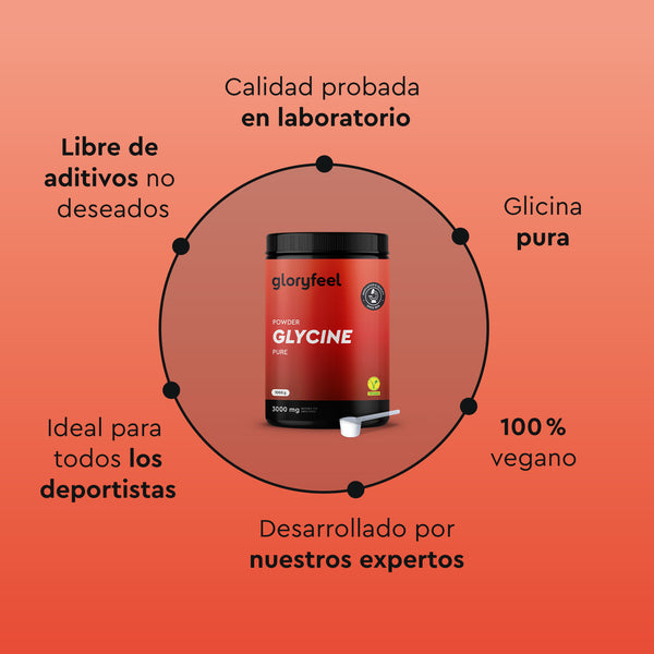 Envase de L-Glicina en Polvo de gloryfeel GmbH España, que ofrece glicina pura de calidad probada en laboratorio, fórmula 100% vegana y sin aditivos no deseados; ideal para deportistas y desarrollada por expertos.