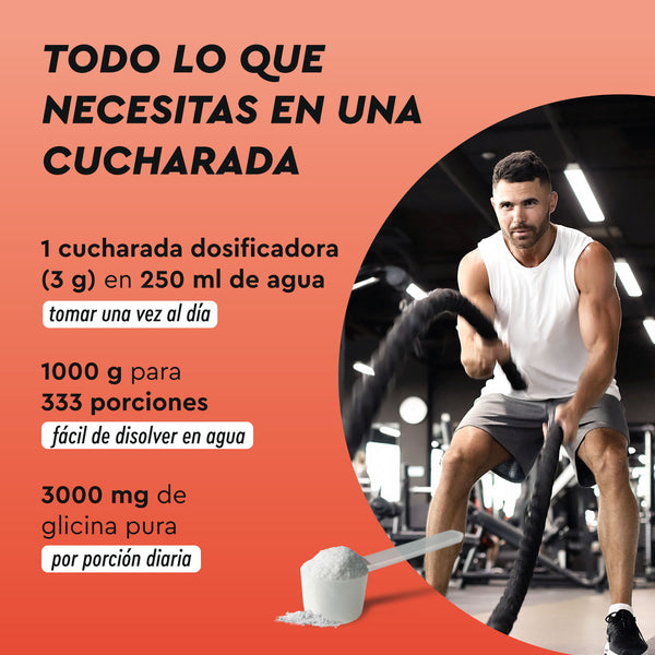 Un hombre se ejercita con cuerdas de combate en un gimnasio. El texto destaca &quot;L-Glicina en Polvo&quot; de gloryfeel GmbH España: un cacito en 250 ml de agua, 1000 g para 333 dosis y 3000 mg de glicina por dosis diaria.