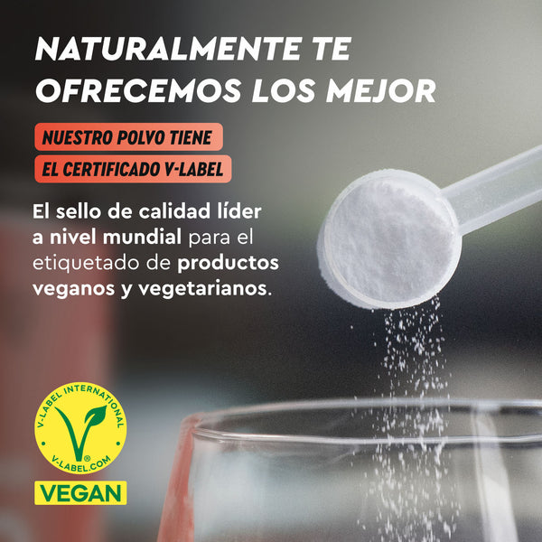 El polvo de L-Glicina en Polvo de gloryfeel GmbH España se sirve en un vaso con certificación V-Label para productos veganos y vegetarianos.