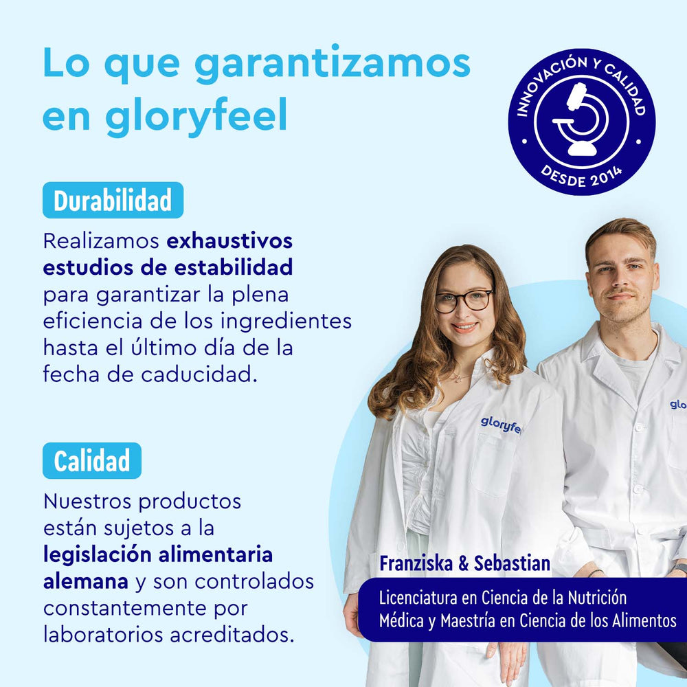Una promoción de las Galletas y Crema Proteína de gloryfeel GmbH España destaca su durabilidad y garantía de calidad. Presenta a dos personas con batas de laboratorio, lo que enfatiza el cumplimiento de la legislación alimentaria alemana.