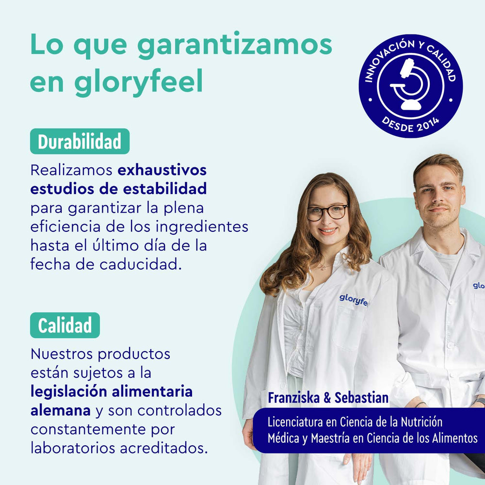 Dos personas con batas de laboratorio posan junto a un texto que destaca el compromiso de GloryFeel GmbH España con la durabilidad y la calidad en la ciencia de los alimentos, con amplios estudios sobre Multivitaminas en 450 tabletas que promueven la salud y se adhieren a las leyes alimentarias alemanas.