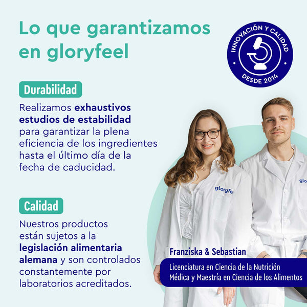 Dos personas con batas de laboratorio posan junto a un texto que destaca el compromiso de GloryFeel GmbH España con la durabilidad y la calidad en la ciencia de los alimentos, con amplios estudios sobre Multivitaminas en 450 tabletas que promueven la salud y se adhieren a las leyes alimentarias alemanas.