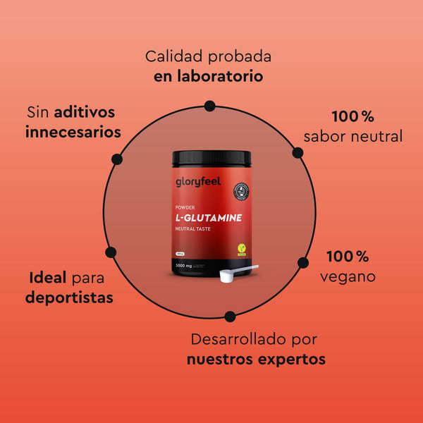 El envase de Glutamina en polvo de Gloryfeel GmbH España presenta etiquetas: &quot;Calidad probada en laboratorio&quot;, &quot;100% sabor neutral&quot;, &quot;100% vegano&quot;, &quot;Desarrollado por nuestros expertos&quot;, &quot;Ideal para deportistas&quot; y &quot;Sin aditivos innecesarios&quot;.