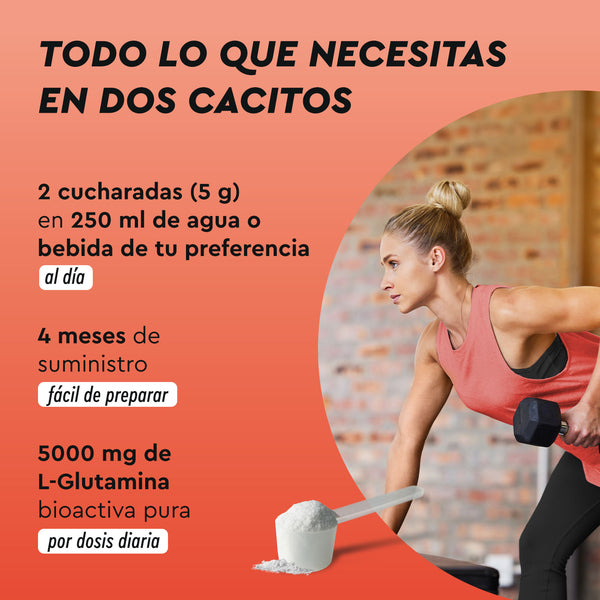 Una persona levanta una mancuerna con texto sobre Glutamina en polvo: &quot;Dos cacitos de uso diario, fáciles de preparar, aportan 5000 mg de L-Glutamina por dosis, duran 4 meses. Marca: gloryfeel GmbH España.