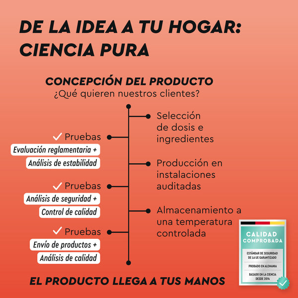 Infografía de Glutamina en polvo de gloryfeel GmbH España: Destacando etapas como las necesidades del cliente, la selección de ingredientes, la producción, las pruebas regulatorias, el análisis de estabilidad, el control de calidad y el almacenamiento a temperatura controlada.