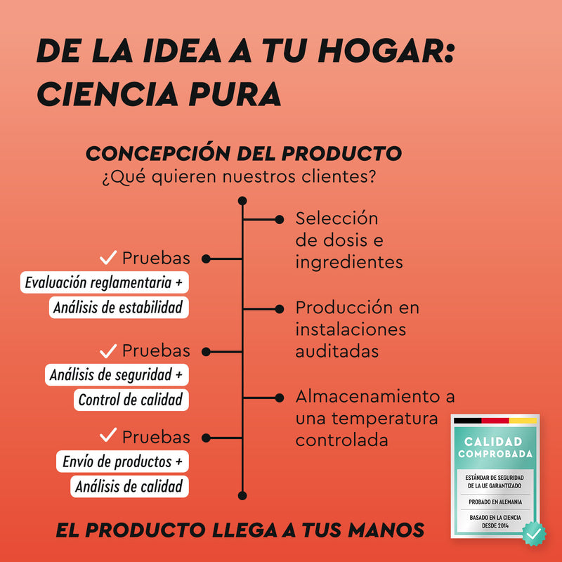 Infografía de Glutamina en polvo de gloryfeel GmbH España: Destacando etapas como las necesidades del cliente, la selección de ingredientes, la producción, las pruebas regulatorias, el análisis de estabilidad, el control de calidad y el almacenamiento a temperatura controlada.