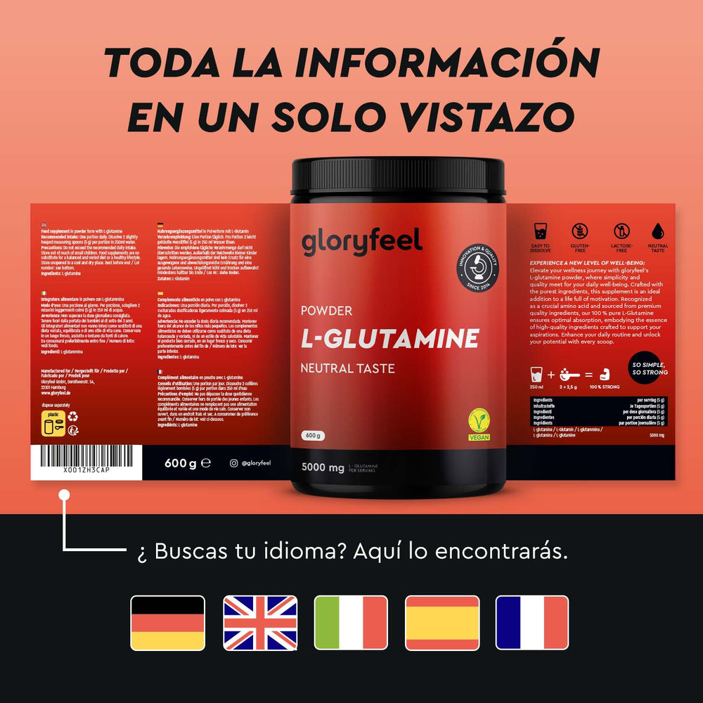 Glutamina en polvo&quot; de Gloryfeel GmbH España cuenta con un envase multilingüe con banderas de países para las opciones de idioma y una etiqueta &quot;Sabor neutro&quot; debajo de un cartel informativo.