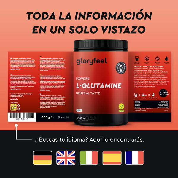 Glutamina en polvo&quot; de Gloryfeel GmbH España cuenta con un envase multilingüe con banderas de países para las opciones de idioma y una etiqueta &quot;Sabor neutro&quot; debajo de un cartel informativo.