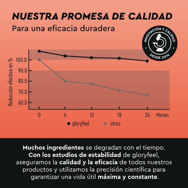 Gráfico que muestra la reducción de la eficacia a lo largo de 24 meses para «Glutamina en polvo» de gloryfeel GmbH España y «otros». «Glutamina en polvo» muestra una mayor eficacia, lo que destaca su calidad y precisión en la estabilidad de sus ingredientes.