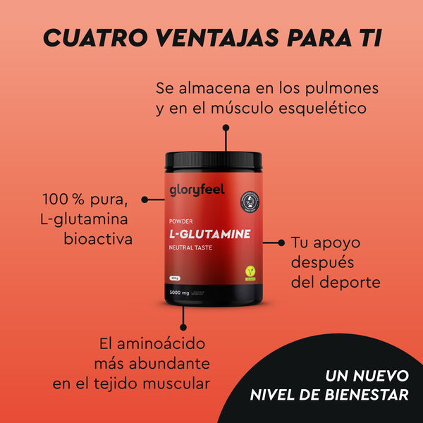 Envase rojo de Glutamina en polvo de gloryfeel GmbH España sobre fondo rojo. El texto en español destaca sus beneficios: bioactivo, capacidad de almacenamiento respiratorio y muscular, apoyo postdeportivo y abundantes aminoácidos.