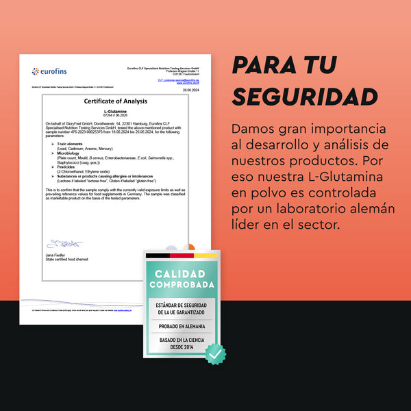 Glutamina en polvo Se presenta Certificado de Análisis con detalles de seguridad del producto y garantía de calidad de gloryfeel GmbH España, un laboratorio alemán líder.