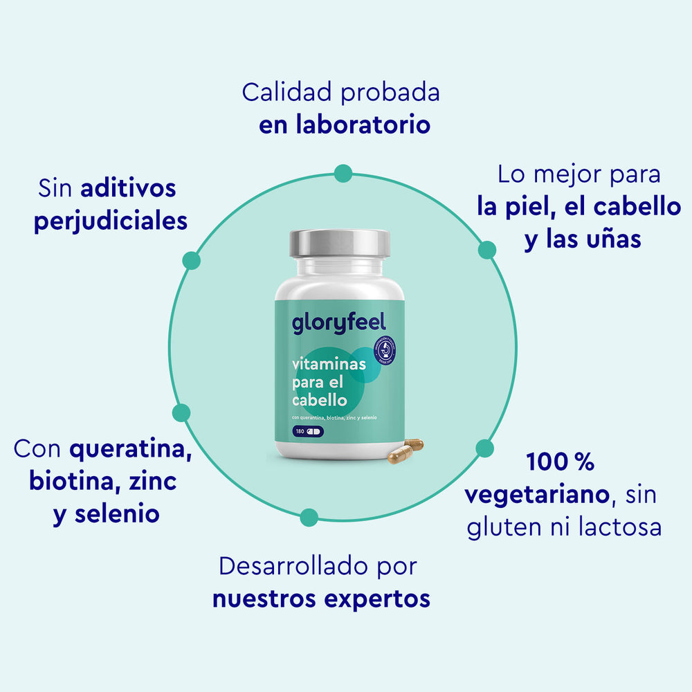 Las Vitaminas para el cabello de GloryFeel GmbH (España) - 180 Cápsulas, enriquecidas con extracto de mijo y biotina, prometen un cabello sedoso y una piel radiante. Este producto, testado en laboratorio, es vegetariano, sin gluten, sin lactosa y sin aditivos nocivos.