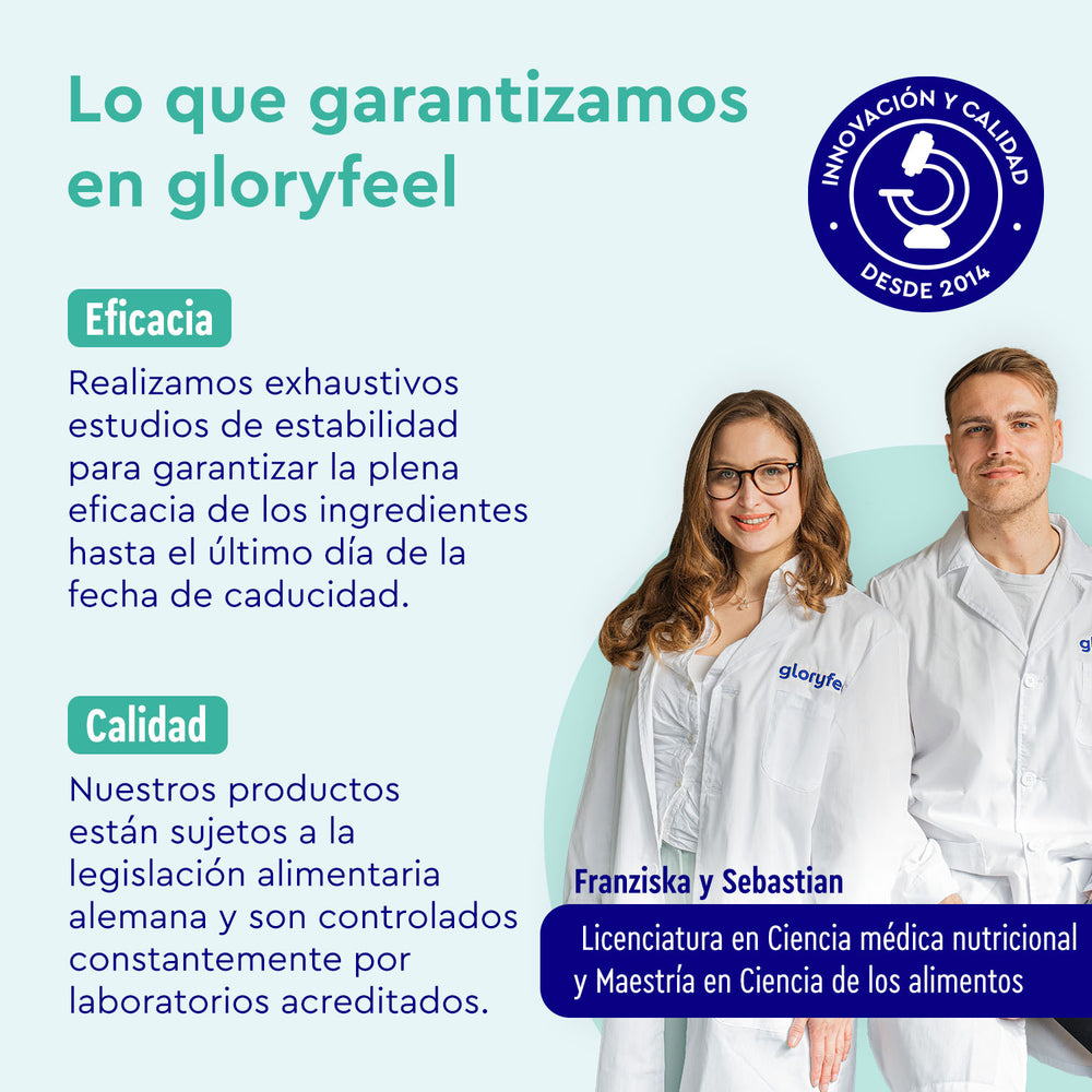 Explora la eficacia y la calidad de las Vitaminas para el cabello de GloryFeel GmbH España - 180 Cápsulas. Elaboradas por expertos con bata de laboratorio, cada producto cuenta con un sello de calidad e innovación, enriquecido con extracto de mijo para un cuidado capilar óptimo.