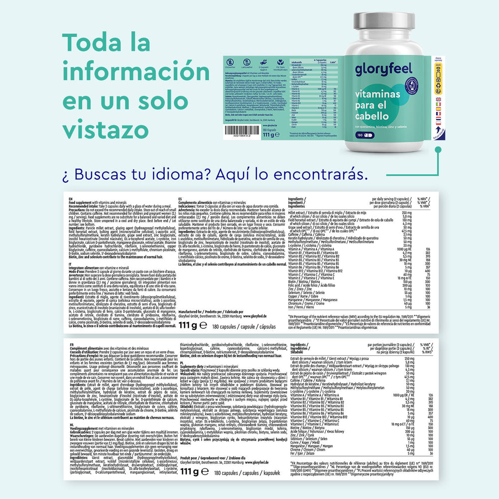 El packaging de &quot;Vitaminas para el cabello&quot; de GloryFeel GmbH España incluye una lista detallada de ingredientes en varios idiomas, entre los que se incluyen biotina y extracto de mijo.