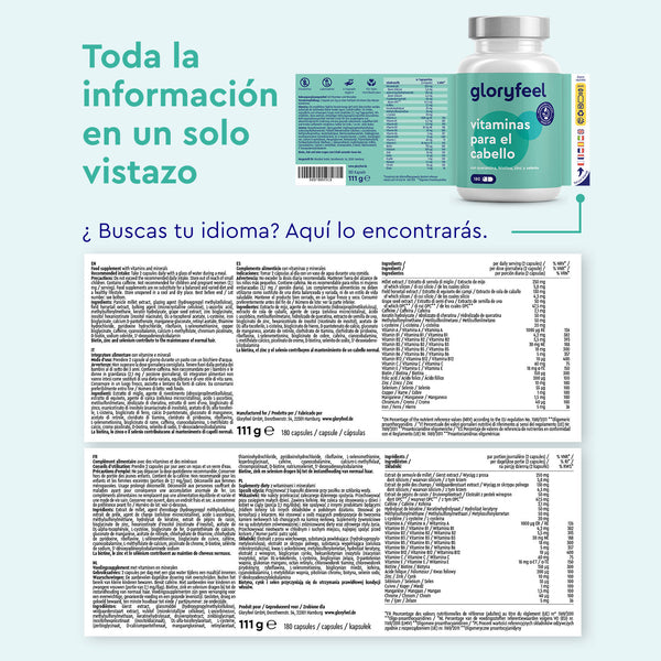 El packaging de &quot;Vitaminas para el cabello&quot; de GloryFeel GmbH España incluye una lista detallada de ingredientes en varios idiomas, entre los que se incluyen biotina y extracto de mijo.