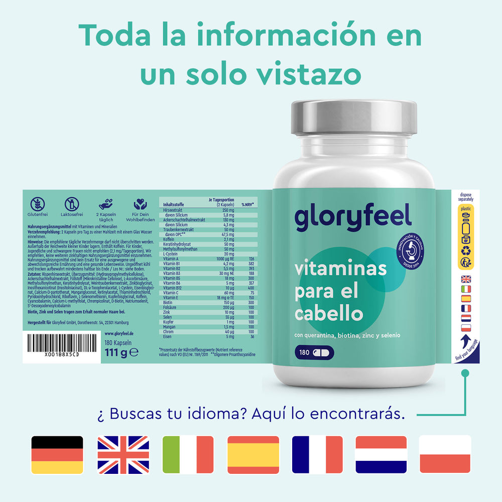 Un frasco de &quot;Vitaminas para el cabello - 180 Cápsulas&quot; de GloryFeel GmbH España viene con una hoja informativa en varios idiomas, que incluye biotina para un cabello saludable.