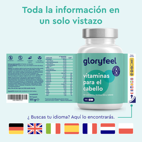Un frasco de &quot;Vitaminas para el cabello - 180 Cápsulas&quot; de GloryFeel GmbH España viene con una hoja informativa en varios idiomas, que incluye biotina para un cabello saludable.