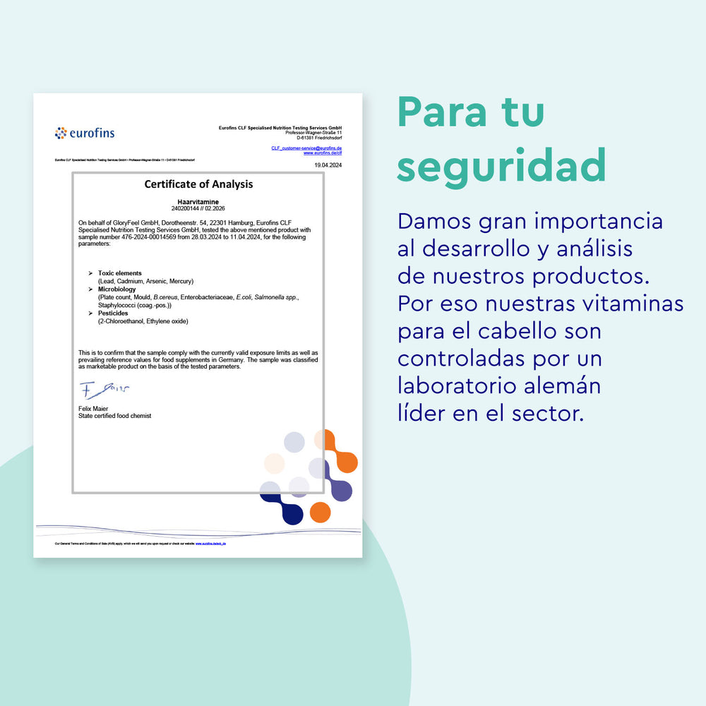 El Certificado de Análisis de Eurofins destaca la seguridad del producto y el control de vitaminas para el cabello, incluyendo &quot;extracto de mijo&quot; y &quot;biotina&quot;. Este certificado corresponde a Vitaminas para el cabello - 180 Cápsulas de GloryFeel GmbH España, certificado por un laboratorio alemán de primer nivel.